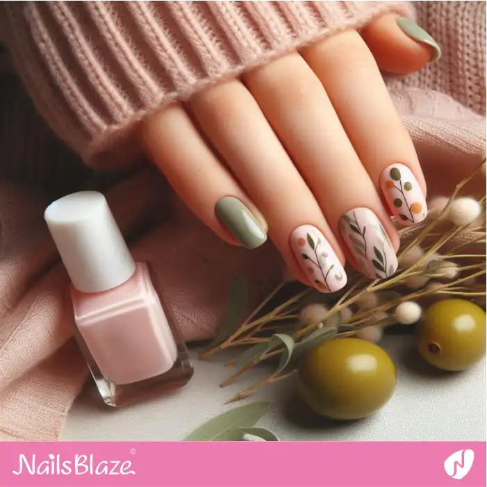 Minimal Olive Leaf Nail Design | Nature-inspired Nails - NB1619